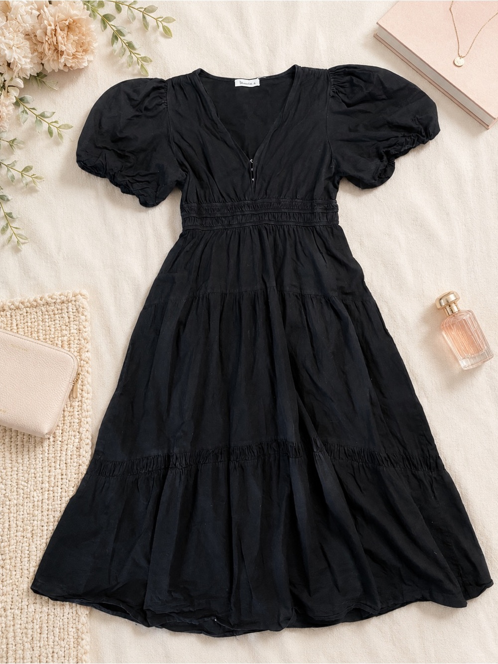Vernacular Black Puff Sleeve Tiered Midi Dress Women’s Size Large Cottagecore
